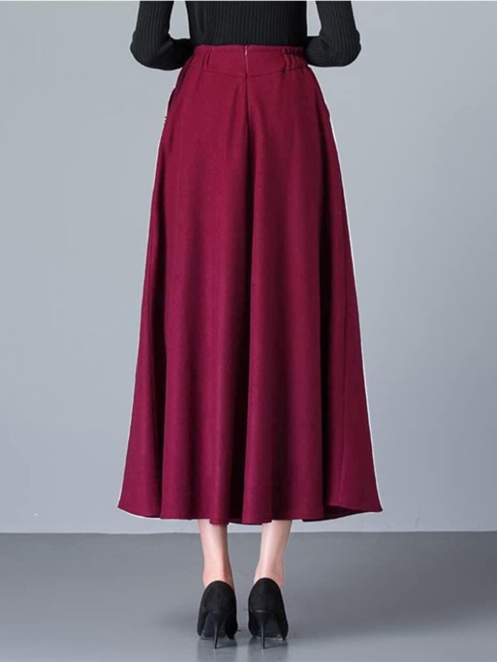 Women's Wine Red Fall Winter High Waisted Wool Plaid A-line Long Maxi Skirt - Picture 3 of 6